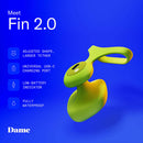 Dame Fin 2.0 Finger Vibrator Citrus showcased with features like USB-C charging and waterproof design.