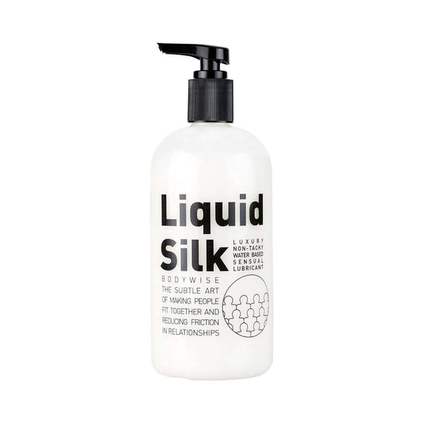 Liquid Silk Lubricant White water based 17.6 Oz bottle with pump dispenser for smooth intimate experiences.