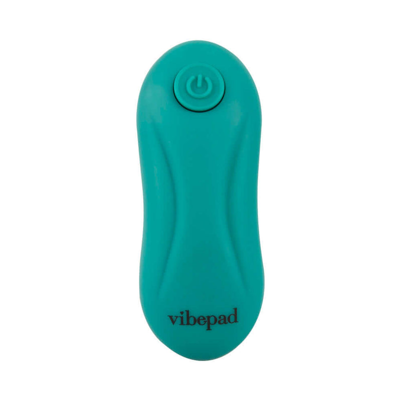 Vibepad Intense Dual Zone Hands Free Vibrator featuring a sleek turquoise design with a power button.