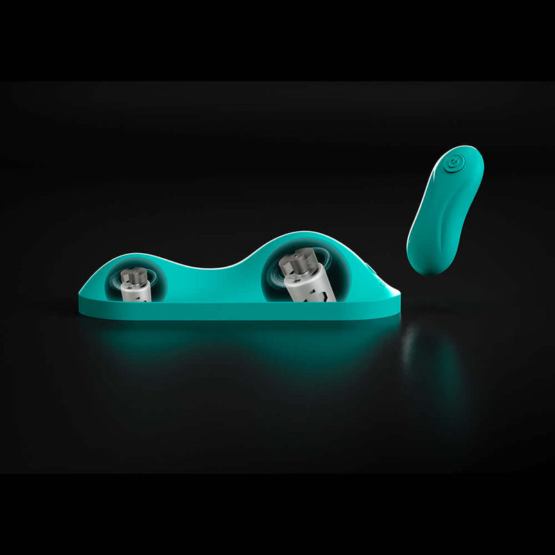 Vibepad Intense Dual Zone Hands Free Vibrator in turquoise with remote control, designed for hands-free pleasure.