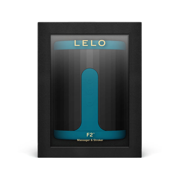 LELO F2S Massager and Stroker Teal packaging in elegant black frame with teal accents.