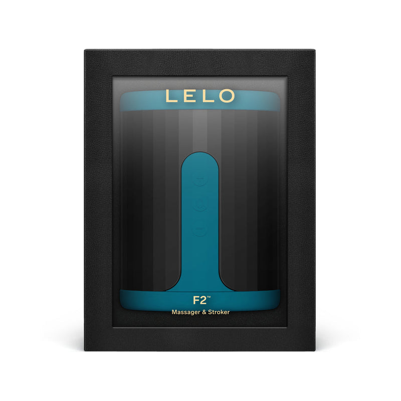 LELO F2S Massager and Stroker Teal packaging in elegant black frame with teal accents.