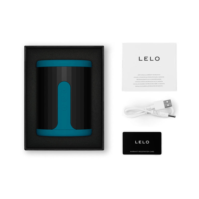 LELO F2S Massager and Stroker Teal packaging with charger and registration card inside.