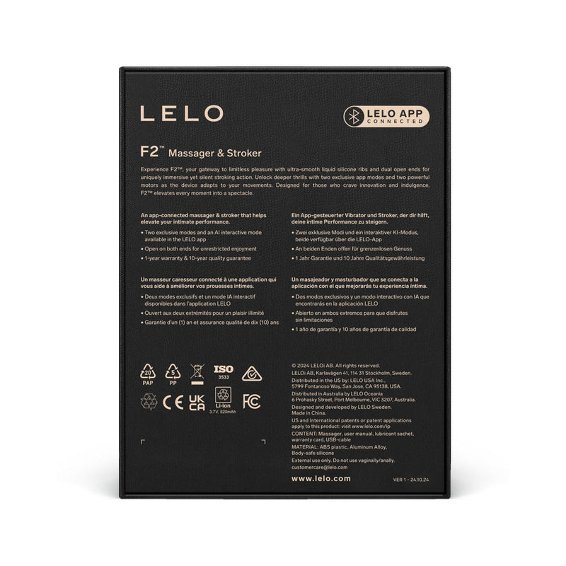 Packaging of LELO F2S Massager and Stroker Teal with features description and specifications.