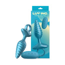 Luv Inc Tapered Swirl Ring Luv Plug Metallic Blue displayed with packaging and remote control for customizable vibrations.