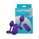 Luv Inc Sp41 Luv Plug Small Vibrating Anal Plug Purple with remote and packaging displayed.