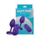 Luv Inc MP41 Luv Plug Medium Vibrating Anal Plug Purple with remote control and packaging design.