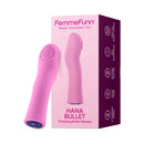 FemmeFunn Hana Thumping Bullet Vibrator Pink with packaging, showcasing compact design and vibrant color.