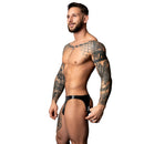 Male Power Liquid Onyx 2.0 Moonshine Jock Brief Black S/M on a male model showcasing sleek, edgy underwear style.