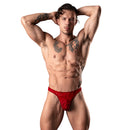 Male Power The Matchmaker Lace Thong Red S/M displayed by a muscular model posing confidently.