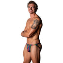 Male Power Matchmaker Jock With Condom Pouch Rainbow L/XL on a model showcasing bold colors and body-contouring design.