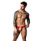 Ultimate Duo Crc Open Ring Thong Red L XL by Male Power worn by a muscular man with tattoos.