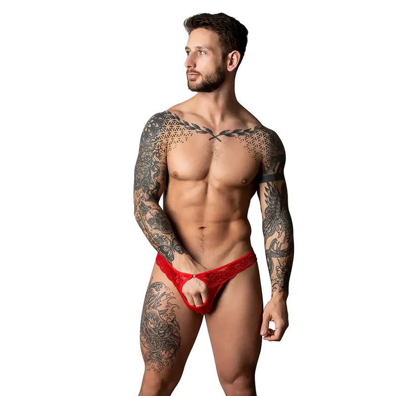 Ultimate Duo Crc Open Ring Thong Red L XL by Male Power model showcasing the seductive design and fit.