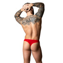 Ultimate Duo Crc Open Ring Thong Red L XL by Male Power worn by a muscular man with tattoos