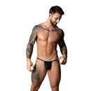 Male Power The Ultimate Duo Pouch G-String Cock Ring Black showcased on a model with tattoos.