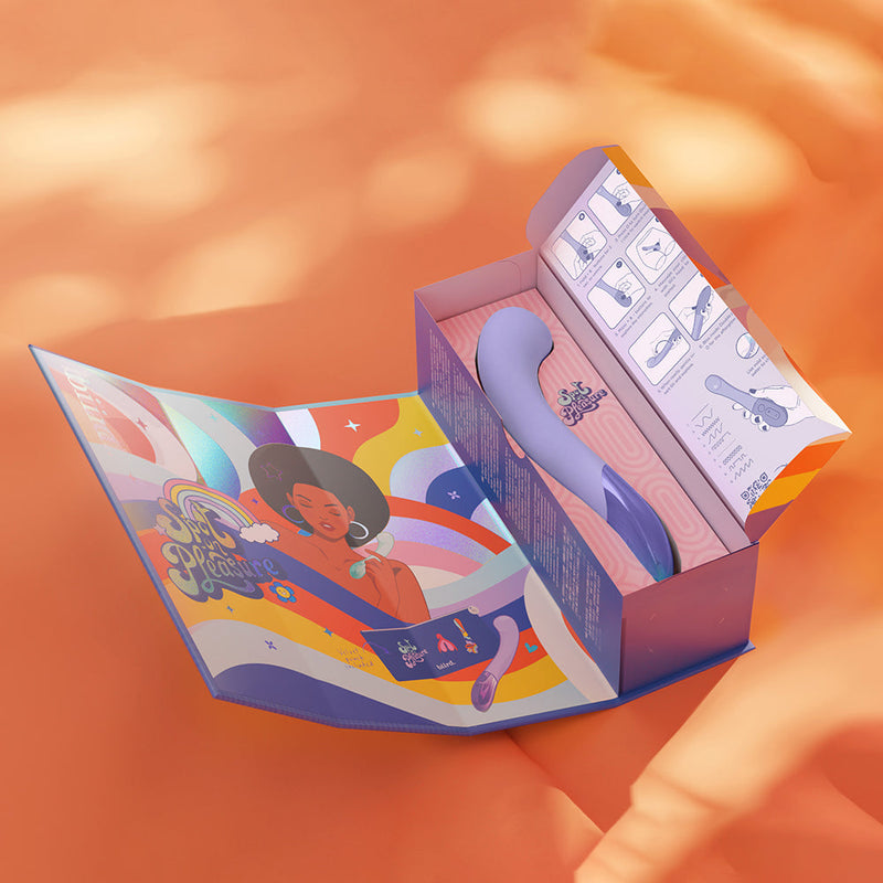 Biird Gii Glow Vibrator Lilac in a colorful packaging with instructions and vibrant design.