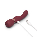Le Wand Flat Top Fusion G Double End Vibrator in deep red with USB charging cable.