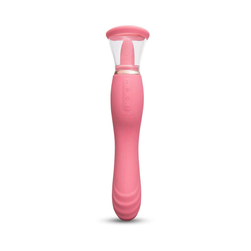Le Wand Lick Double Ended Massager in pink, featuring a curved handle and sleek design for versatile pleasure.