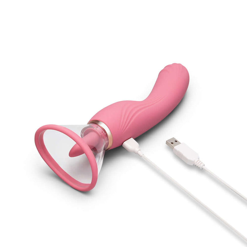 Le Wand Lick Double Ended Massager shown with USB charging cable, featuring a pink silicone design for pleasure.