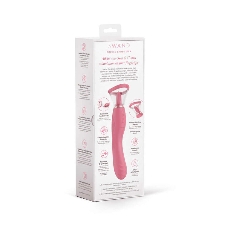 Le Wand Lick Double Ended Massager packaging showcasing its features and design in a pink color.