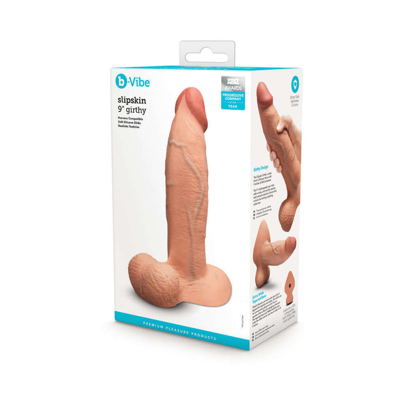 b-Vibe Slipskin Realistic Silicone Dildo 9 inch Girthy Mocha packaging with detailed image and product information.