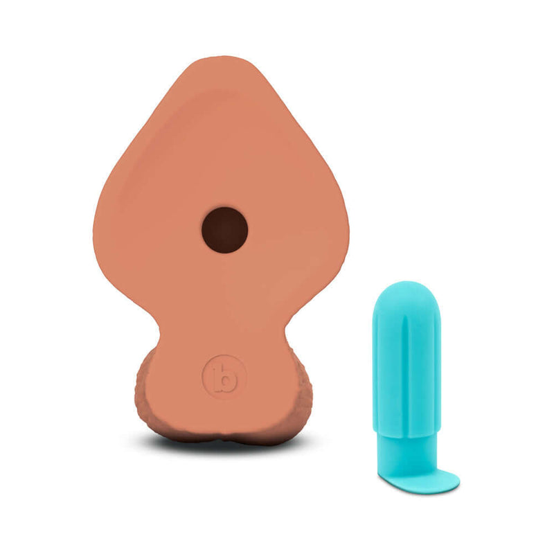 b-Vibe Slipskin Realistic Silicone Dildo 9 inch Girthy Mocha alongside aqua-colored accessory.