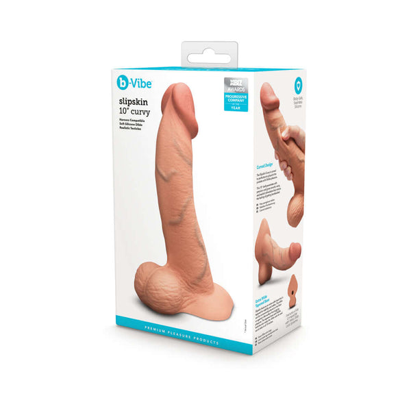 b-Vibe Slipskin Realistic Silicone Dildo 10 inch Curved Mocha packaging on display.