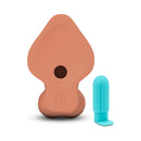 b-Vibe Slipskin Realistic Silicone Dildo 10 inch Curved Mocha with blue vibrator attachment