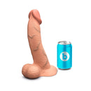 b-Vibe Slipskin Realistic Silicone Dildo 10 inch Curved Mocha next to a can for size comparison.