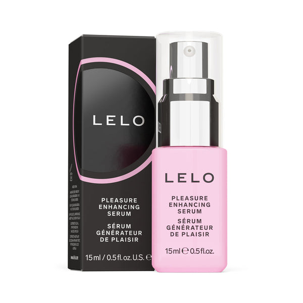 LELO Pleasure Enhancing Serum 0.5 Oz in pink bottle with sleek packaging, designed for enhanced pleasure and sensitivity.