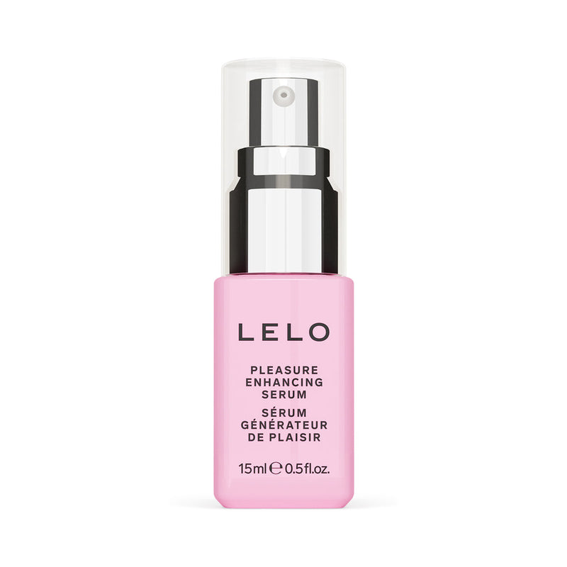 LELO Pleasure Enhancing Serum 0.5 Oz in a sleek pink bottle with a pump top for boosting pleasure.