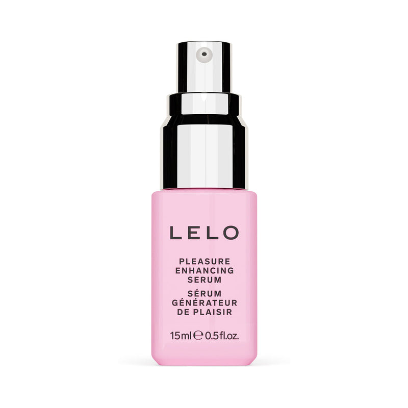 LELO Pleasure Enhancing Serum 0.5 Oz in a pink bottle with a spray top for pleasure-boosting stimulation.
