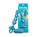 Luv Inc Cr23 Curved Ring Vibrating Anal Beads Metallic Blue displayed with wireless remote and packaging.
