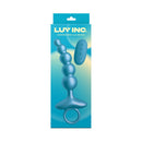 Luv Inc Cr23 Curved Ring Vibrating Anal Beads Metallic Blue packaging with tapered ergonomic design and wireless control.