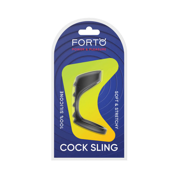 Forto F-45 Textured Bridge Cocksling Black in packaging, featuring soft and stretchy silicone for enhanced pleasure.