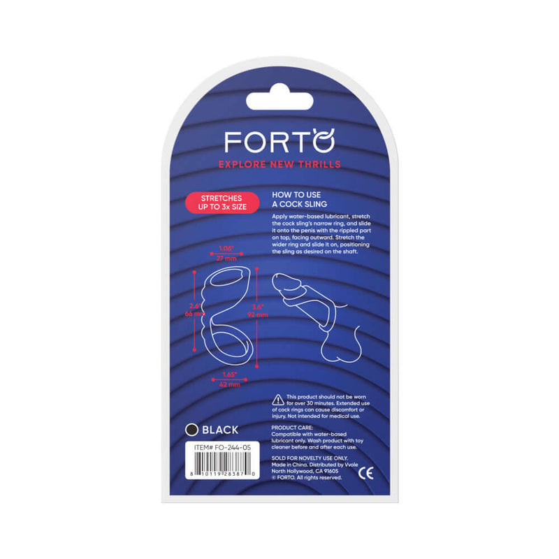 Forto F-45 Textured Bridge Cocksling Black packaging with usage instructions and size guide.