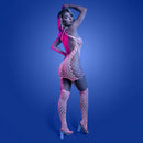 Model wearing Fantasy Lingerie Glow Metamorphic Bodystocking Dress against a blue background.