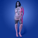 Fantasy Lingerie Glow-in-the-Dark Bodystocking Dress Queen model showcasing glow effect on a blue background.