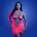 Fantasy Lingerie Glow UV Halter Dress & Pasties Set displayed on a model against a vibrant blue background.