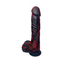 Adam & Eve The Bedrocker Thrusting Dildo in black and red silicone with realistic design.