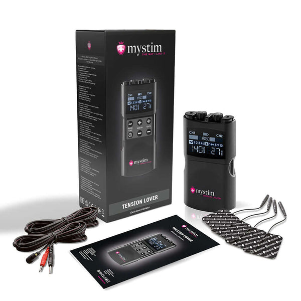 Mystim Tension Lover 2 Electrosex Stimulator with packaging and components displayed.