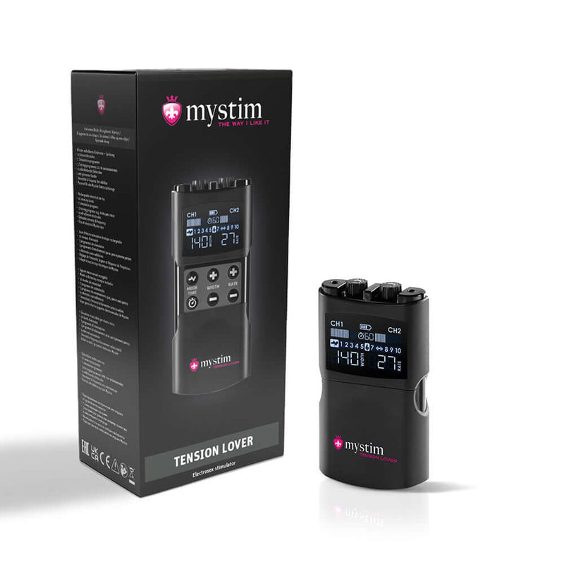 Mystim Tension Lover 2 Electrosex Stimulator displayed with its box, featuring digital controls and sleek design.