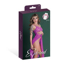Magic Silk Butterfly Fantasies Gown & Thong Set Neon Purple packaging featuring delicate lace and sheer mesh.