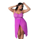 Magic Silk Butterfly Fantasies Queen Gown and Thong Set in vivid neon purple on a curvy model.