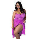 Magic Silk Butterfly Fantasies Queen Gown and Thong Set featuring a model in neon purple lace and mesh gown.