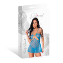 Magic Silk Flirty Hearts Chemise and G-String Set Blue L/XL displayed in elegant packaging with model.