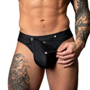 Male Power Oh Snap Snap Off Thong Black S/M featuring a playful, easy-access design with nickel-plated snaps.