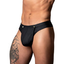 Male Power Oh Snap Snap Off Thong Black L/XL showcasing a man's confident look with tearaway pouch and sturdy snaps.