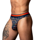 Male Power Soo Cumfy Men's Modal Thong Navy Orange S/M showcases a bold design with soft modal fabric and vibrant colors.