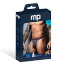 Male Power Soo Cumfy Men's Modal Thong Navy Orange S/M packaging with model showcasing design and features.